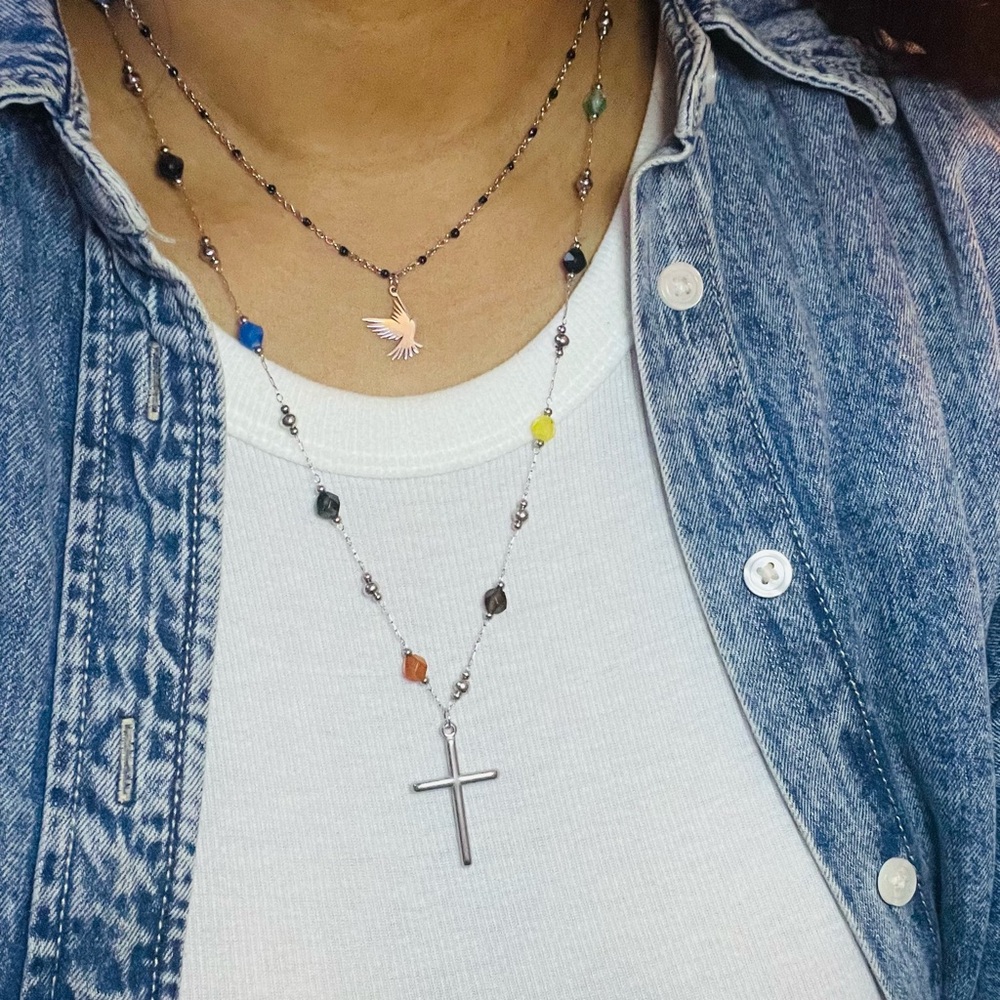 Colorful Natural Stone Bead Chain w Enamel Bead Dove Chain Platinum - Picture 3 of 3